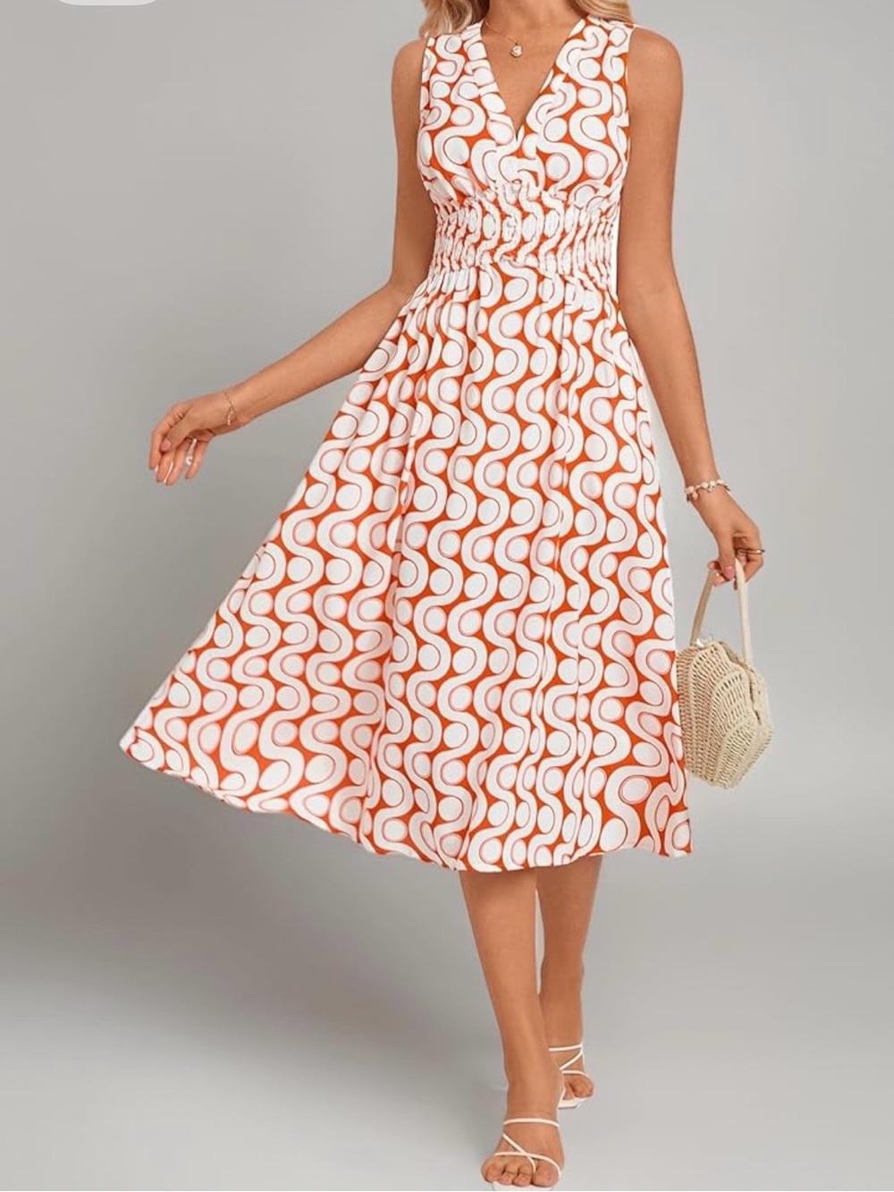 GRACE KARIN Women Printed Midi Dress Sleeveless Smocked Waist w/Pockets Sz M